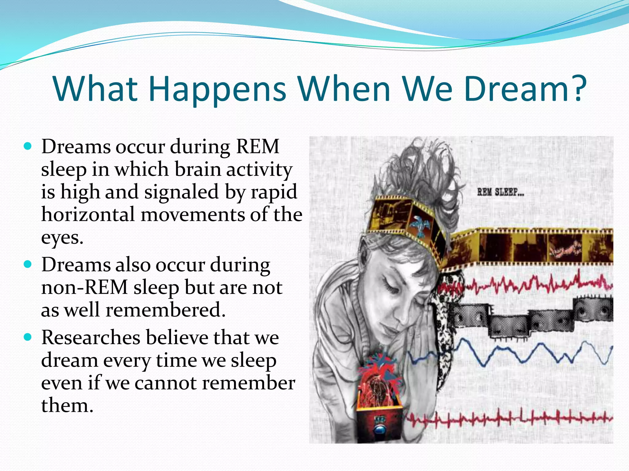 What Happens When We Dream?
 Dreams occur during REM
sleep in which brain activity
is high and signaled by rapid
horizontal movements of the
eyes.
 Dreams also occur during
non-REM sleep but are not
as well remembered.
 Researches believe that we
dream every time we sleep
even if we cannot remember
them.
 