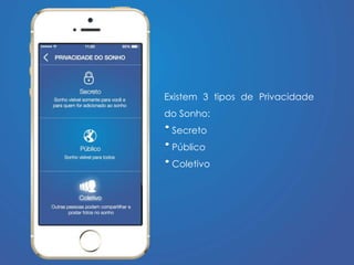 Existem 3 tipos de Privacidade 
do Sonho: 
Secreto 
Público 
Coletivo 
 