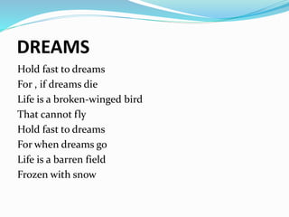DREAMS 
Hold fast to dreams 
For , if dreams die 
Life is a broken-winged bird 
That cannot fly 
Hold fast to dreams 
For when dreams go 
Life is a barren field 
Frozen with snow 
 