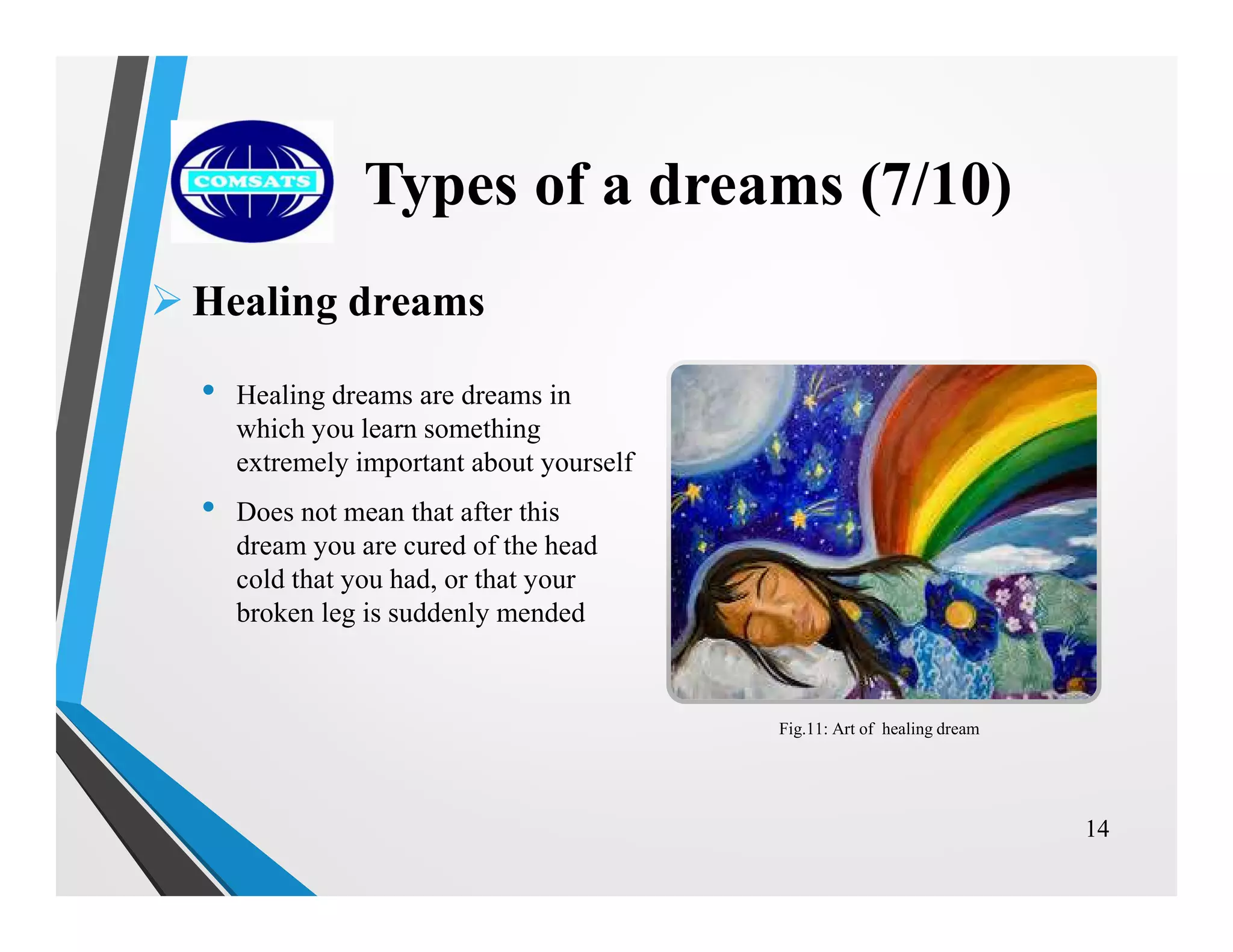  Healing dreams
• Healing dreams are dreams in
which you learn something
extremely important about yourself
• Does not mean that after this
dream you are cured of the head
cold that you had, or that your
broken leg is suddenly mended
14
Types of a dreams (7/10)
Fig.11: Art of healing dream
 