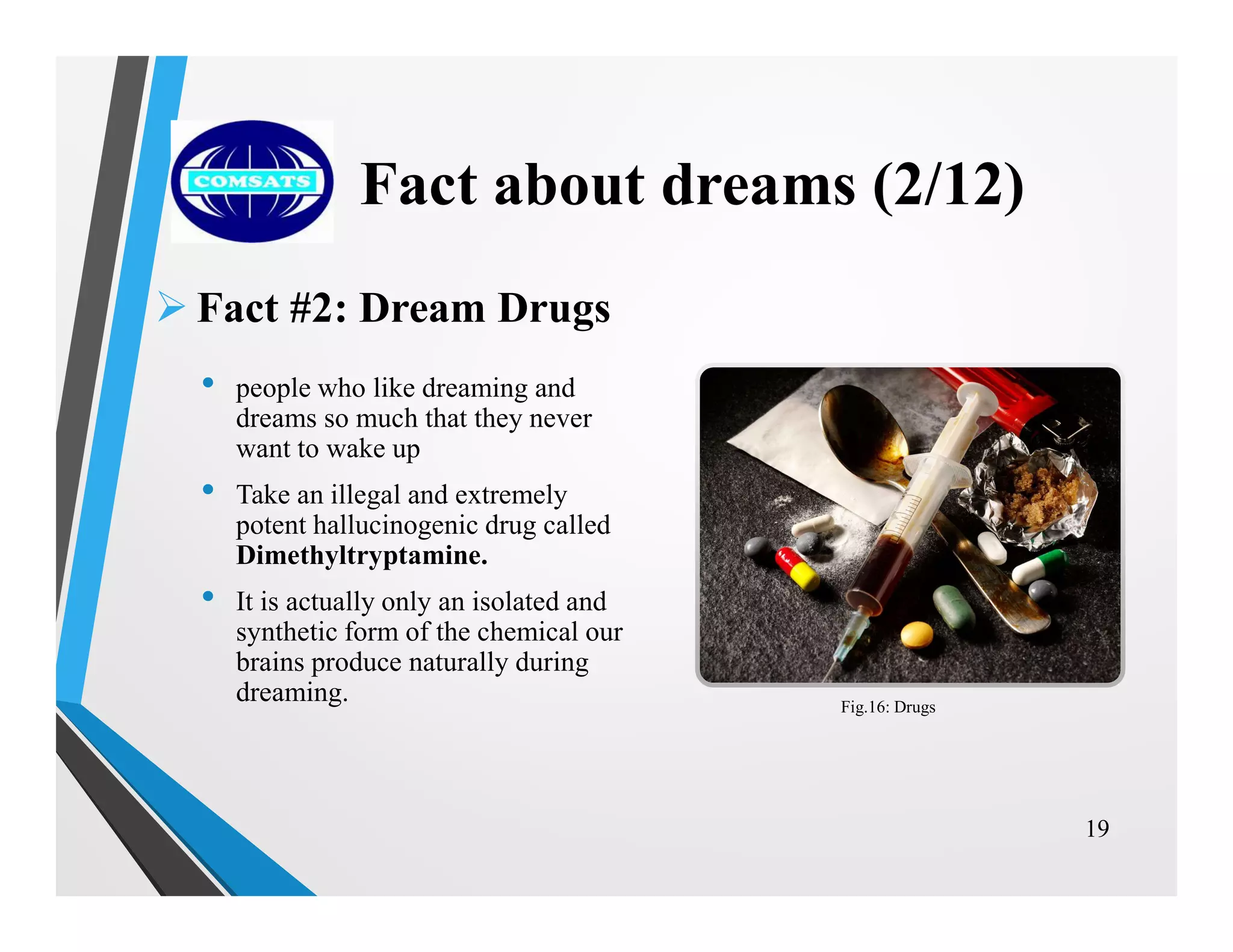  Fact #2: Dream Drugs
• people who like dreaming and
dreams so much that they never
want to wake up
• Take an illegal and extremely
potent hallucinogenic drug called
Dimethyltryptamine.
• It is actually only an isolated and
synthetic form of the chemical our
brains produce naturally during
dreaming.
19
Fact about dreams (2/12)
Fig.16: Drugs
 