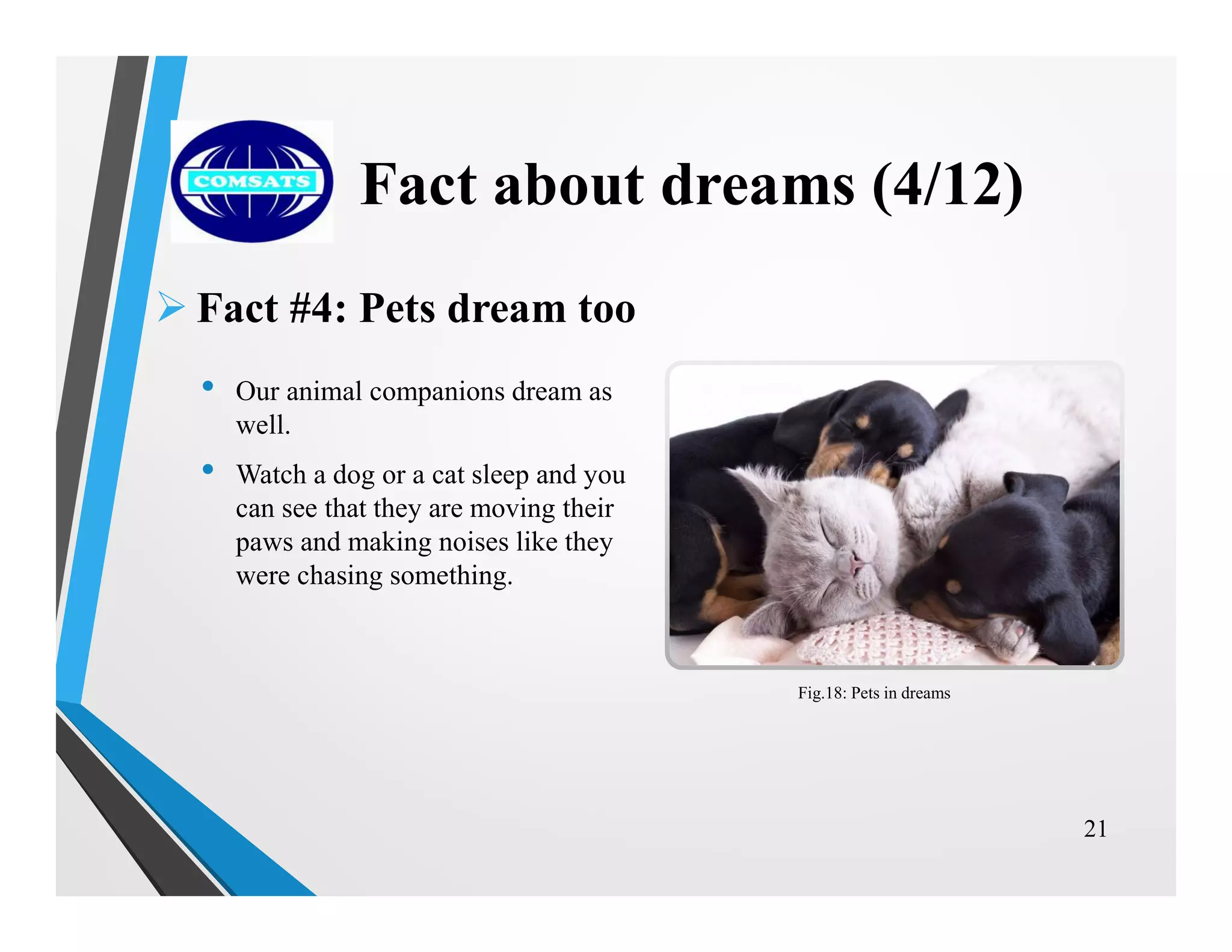  Fact #4: Pets dream too
• Our animal companions dream as
well.
• Watch a dog or a cat sleep and you
can see that they are moving their
paws and making noises like they
were chasing something.
21
Fact about dreams (4/12)
Fig.18: Pets in dreams
 
