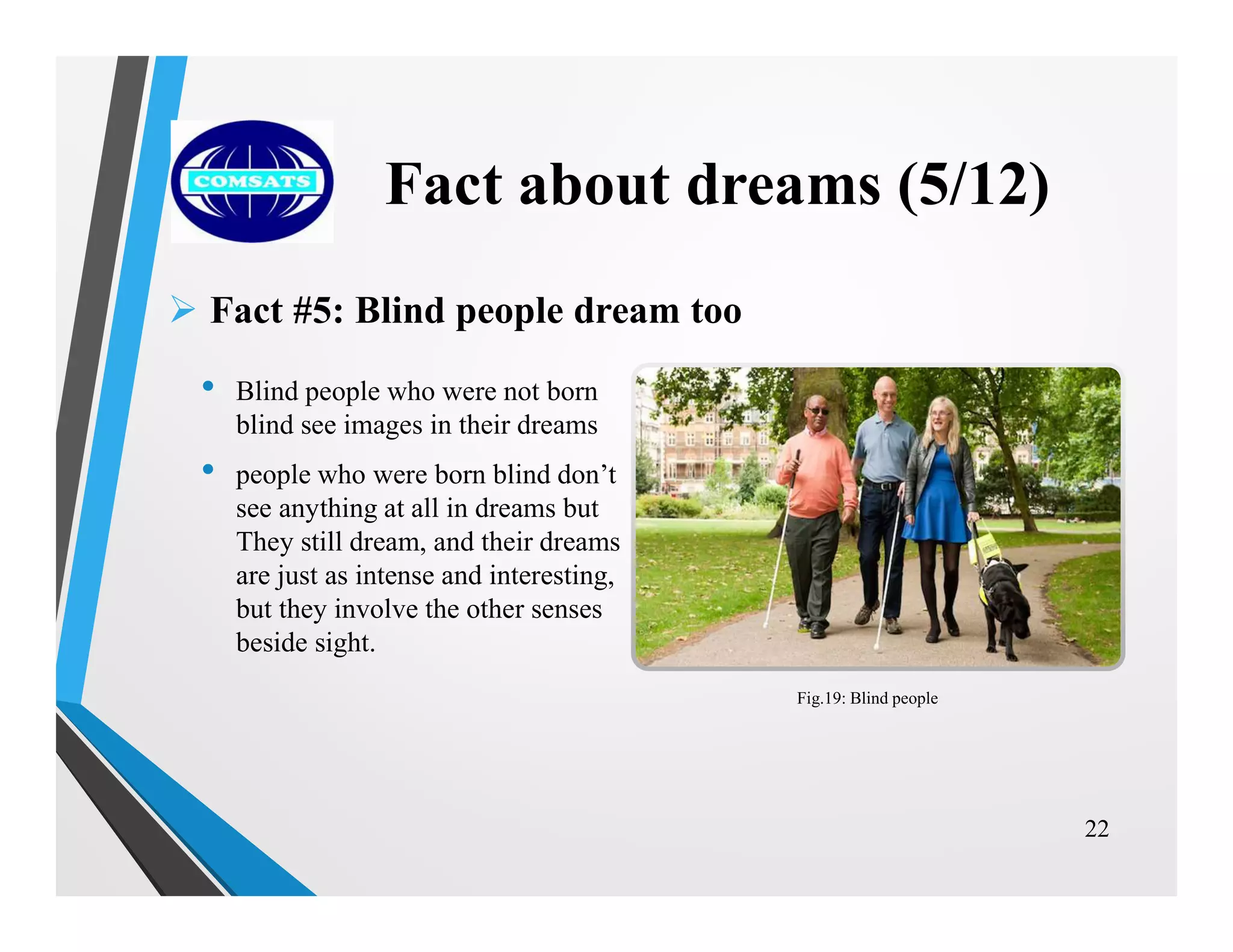  Fact #5: Blind people dream too
• Blind people who were not born
blind see images in their dreams
• people who were born blind don’t
see anything at all in dreams but
They still dream, and their dreams
are just as intense and interesting,
but they involve the other senses
beside sight.
22
Fact about dreams (5/12)
Fig.19: Blind people
 