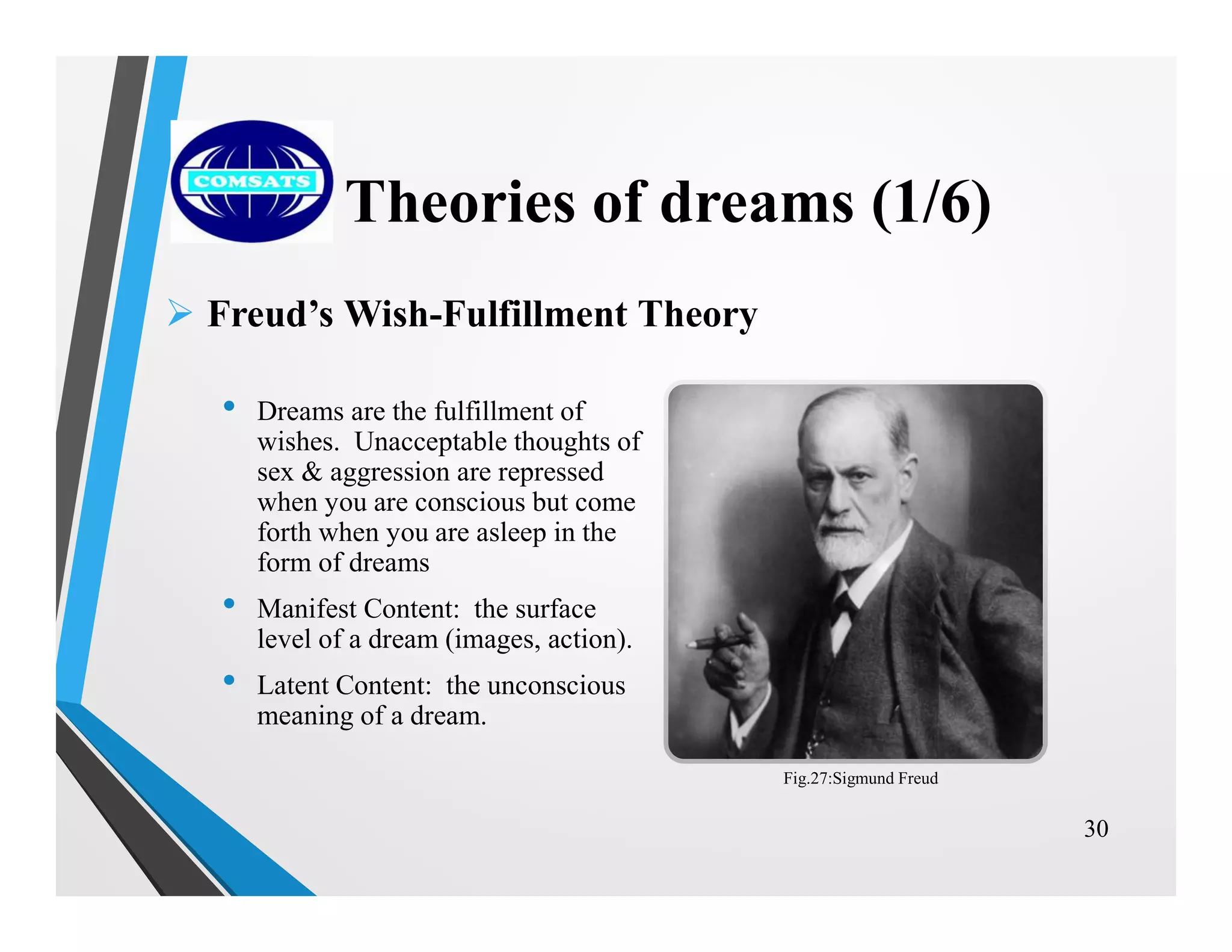  Freud’s Wish-Fulfillment Theory
• Dreams are the fulfillment of
wishes. Unacceptable thoughts of
sex & aggression are repressed
when you are conscious but come
forth when you are asleep in the
form of dreams
• Manifest Content: the surface
level of a dream (images, action).
• Latent Content: the unconscious
meaning of a dream.
30
Theories of dreams (1/6)
Fig.27:Sigmund Freud
 