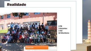 2 PB
3 docentes
2 AO
64 Monitores
Equipa
 