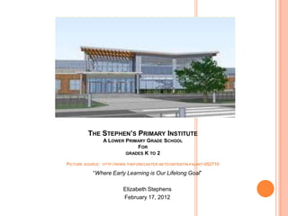 THE STEPHEN’S PRIMARY INSTITUTE
                  A LOWER PRIMARY GRADE SCHOOL
                              FOR
                          GRADES K TO 2

PICTURE SOURCE:   HTTP://WWW.THEFORECASTER.NET/CONTENT/N-FALART-052710

           “Where Early Learning is Our Lifelong Goal”

                           Elizabeth Stephens
                           February 17, 2012
 