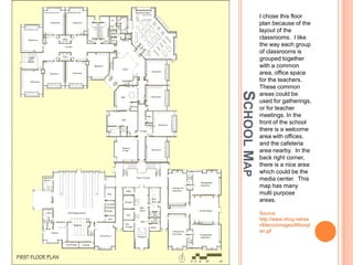 I chose this floor
             plan because of the
             layout of the
             classrooms. I like
             the way each group
             of classrooms is
             grouped together
             with a common
             area, office space
             for the teachers.
             These common




SCHOOL MAP
             areas could be
             used for gatherings,
             or for teacher
             meetings. In the
             front of the school
             there is a welcome
             area with offices,
             and the cafeteria
             area nearby. In the
             back right corner,
             there is a nice area
             which could be the
             media center. This
             map has many
             multi purpose
             areas.

             Source:
             http://www.ohcg.net/sa
             nMarco/images/6floorpl
             an.gif
 