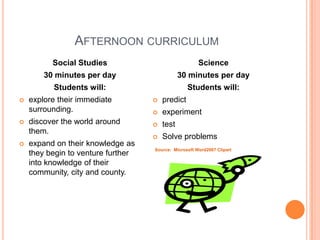 AFTERNOON CURRICULUM
          Social Studies                               Science
        30 minutes per day                     30 minutes per day
          Students will:                          Students will:
   explore their immediate            predict
    surrounding.                       experiment
   discover the world around          test
    them.
                                       Solve problems
   expand on their knowledge as
                                    Source: Microsoft Word2007 Clipart
    they begin to venture further
    into knowledge of their
    community, city and county.
 