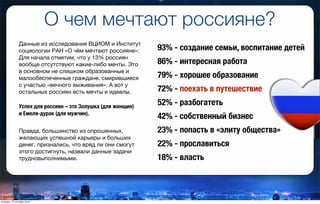 О чем мечтают россияне?
93% - создание семьи, воспитание детей
86% - интересная работа
79% - хорошее образование
72% - поехать в путешествие
52% - разбогатеть
42% - собственный бизнес
23% - попасть в «элиту общества»
22% - прославиться
18% - власть
Правда, большинство из опрошенных,
желающих успешной карьеры и больших
денег, признались, что вряд ли они смогут
этого достигнуть, назвали данные задачи
трудновыполнимыми.
Данные из исследования ВЦИОМ и Институт
социологии РАН «О чём мечтают россияне»:
Для начала отметим, что у 13% россиян
вообще отсутствуют какие-либо мечты. Это
в основном не слишком образованные и
малообеспеченные граждане, смирившиеся
с участью «вечного выживания». А вот у
остальных россиян есть мечты и идеалы.
Успех для россиян – это Золушка (для женщин)
и Емеля-дурак (для мужчин).
вторник, 27 октября 2015 г.
 