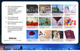 • Это подтверждает и
список самых
популярных
ЖЕЛАНИЙ с сайта
лидера среди т.н.
Wishlist.
• 70% Желаний
материальные
• 80% Желаний легко
выполнимы
• 90% Желаний вещи/
услуги/впечатления
стоимостью до 500
евро
WishLists
вторник, 27 октября 2015 г.
 