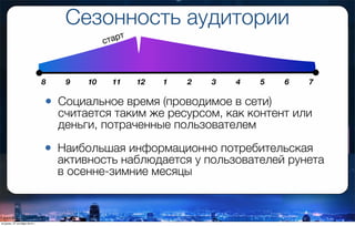• Социальное время (проводимое в сети)
считается таким же ресурсом, как контент или
деньги, потраченные пользователем
8 9 10 11 12 1 2 3 4 5 6 7
Сезонность аудитории
• Наибольшая информационно потребительская
активность наблюдается у пользователей рунета
в осенне-зимние месяцы
старт
вторник, 27 октября 2015 г.
 