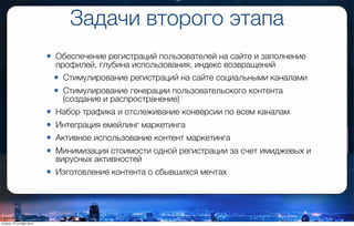 Задачи второго этапа
• Обеспечение регистраций пользователей на сайте и заполнение
профилей, глубина использования, индекс возвращений
• Стимулирование регистраций на сайте социальными каналами
• Стимулирование генерации пользовательского контента
(создание и распространение)
• Набор трафика и отслеживание конверсии по всем каналам
• Интеграция емейлинг маркетинга
• Активное использование контент маркетинга
• Минимизация стоимости одной регистрации за счет имиджевых и
вирусных активностей
• Изготовление контента о сбывшихся мечтах
вторник, 27 октября 2015 г.
 