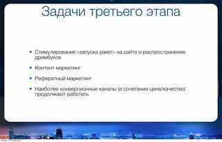 Задачи третьего этапа
• Стимулирование «запуска ракет» на сайте и распространение
дримбуков
• Контент маркетинг
• Рефератный маркетинг
• Наиболее конверсионные каналы (в сочетании цена/качество)
продолжают работать
вторник, 27 октября 2015 г.
 