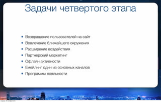 Задачи четвертого этапа
• Возвращение пользователей на сайт
• Вовлечение ближайшего окружения
• Расширение воздействия
• Партнерский маркетинг
• Офлайн активности
• Емейлинг один из основных каналов
• Программы лояльности
вторник, 27 октября 2015 г.
 