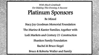 With Much Gratitude
For Making This Evening A Success
Platinum Sponsors
Be Mixed
Stacy Joy Goodman Memorial Foundation
The Marino & Kanter Families, together with
Lodi Markets and Century 21 Construction
Shanken Family Foundation
Rachel & Bruce Siegel
Bruce & Roberta Waller and Family
 