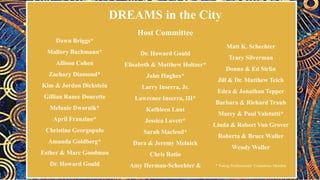 Dawn Briggs*
Mallory Buchmann*
Allison Cohen
Zachary Diamond*
Kim & Jordan Dickstein
Gillian Ranee Doucette
Melanie Dwornik*
April Franzino*
Christine Georgopulo
Amanda Goldberg*
Esther & Marc Goodman
Dr. Howard Gould
Matt K. Schechter
Tracy Silverman
Donna & Ed Sirlin
Jill & Dr. Matthew Teich
Edra & Jonathan Tepper
Barbara & Richard Traub
Marcy & Paul Valetutti*
Linda & Robert Van Grover
Roberta & Bruce Waller
Wendy Waller
* Young Professionals’ Committee Member
Dr. Howard Gould
Elisabeth & Matthew Holtzer*
John Hughes*
Larry Inserra, Jr.
Lawrence Inserra, III*
Kathleen Lant
Jessica Lovett*
Sarah Macleod*
Dara & Jeremy Melnick
Chris Rotio
Amy Herman-Schechter &
DREAMS in the City
Host Committee
 