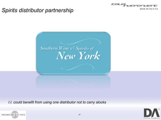 Spirits distributor partnership




  I.I. could benefit from using one distributor not to carry stocks


                                                27
 