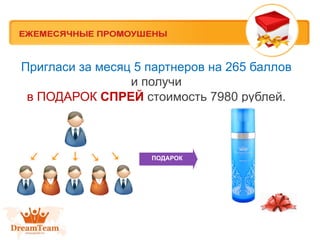 Пригласи за месяц 5 партнеров на 265 баллов
и получи
в ПОДАРОК СПРЕЙ стоимость 7980 рублей.

ПОДАРОК

 