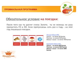 Обязательное условие на поездки:
После того как ты достиг статус Золото, ты не можешь ни разу
пропустить ГО и ЛО. Если пропускаешь хоть раз в году - на этот
год лишаешься поездки.
Личный объем (ЛО)
Золото - не менее 20 баллов
Платина - не менее 50 баллов
Жемчуг и выше - не менее 100 баллов
Групповой объем (ГО)
Золото - не менее 600 баллов
Платина - не менее1000 баллов
Жемчуг и выше - не менее 2000
баллов
 