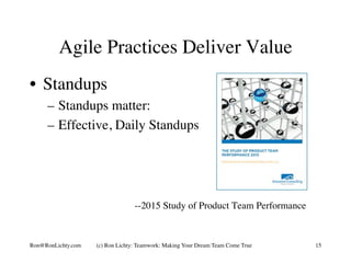Agile Practices Deliver Value
•  Standups
–  Standups matter:
–  Effective, Daily Standups
--2015 Study of Product Team Pe...