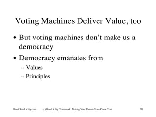 Voting Machines Deliver Value, too
•  But voting machines don’t make us a
democracy
•  Democracy emanates from
–  Values
–...
