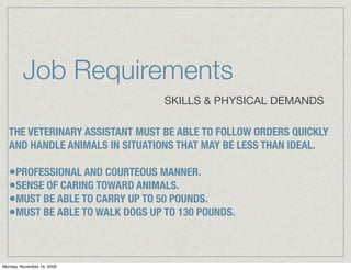 Job Requirements
                                 SKILLS & PHYSICAL DEMANDS

   THE VETERINARY ASSISTANT MUST BE ABLE TO FOLLOW ORDERS QUICKLY
   AND HANDLE ANIMALS IN SITUATIONS THAT MAY BE LESS THAN IDEAL.

   •PROFESSIONAL AND COURTEOUS MANNER.
   •SENSE OF CARING TOWARD ANIMALS.
   •MUST BE ABLE TO CARRY UP TO 50 POUNDS.
   •MUST BE ABLE TO WALK DOGS UP TO 130 POUNDS.


Monday, November 16, 2009
 