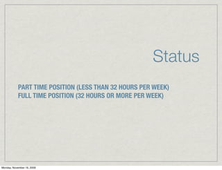Status
            PART TIME POSITION (LESS THAN 32 HOURS PER WEEK)
            FULL TIME POSITION (32 HOURS OR MORE PER WEEK)




Monday, November 16, 2009
 