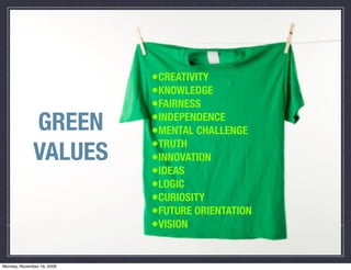 •CREATIVITY
                            •KNOWLEDGE
                            •FAIRNESS
              GREEN         •INDEPENDENCE
                            •MENTAL CHALLENGE
                            •TRUTH
              VALUES        •INNOVATION
                            •IDEAS
                            •LOGIC
                            •CURIOSITY
                            •FUTURE ORIENTATION
                            •VISION

Monday, November 16, 2009
 