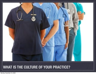 WHAT IS THE CULTURE OF YOUR PRACTICE?
Monday, November 16, 2009
 