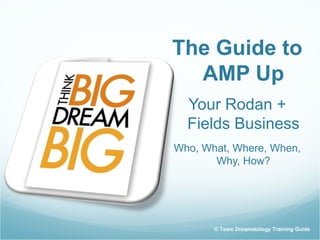 The Guide to
  AMP Up
  Your Rodan +
  Fields Business
Who, What, Where, When,
       Why, How?




       © Team Dreamatology Training Guide
 