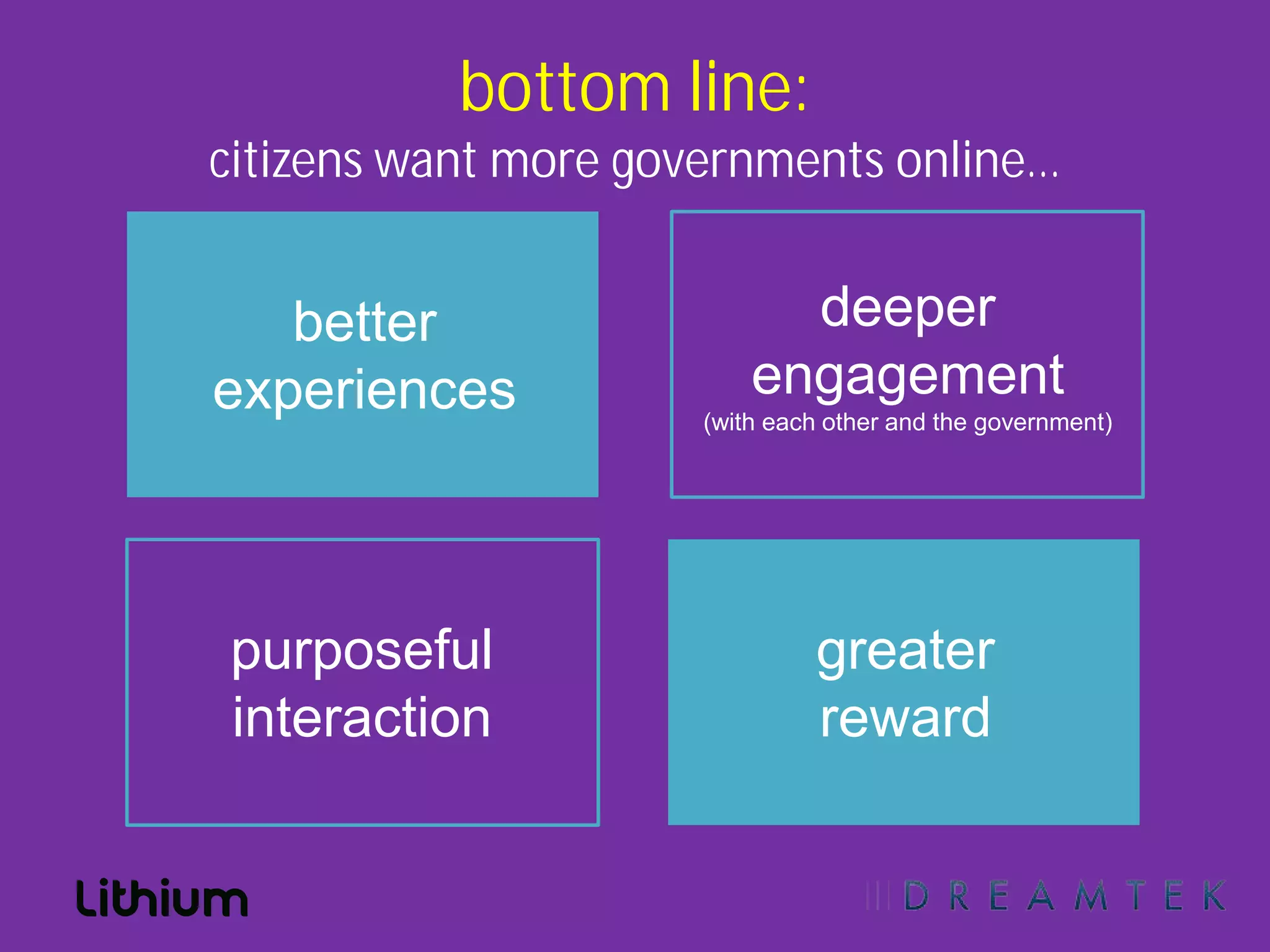 bottom line:
citizens want more governments online…


   better                   deeper
experiences               engagement
                      (with each other and the government)




purposeful                     greater
interaction                    reward
 