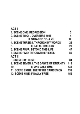 ACT I
1. SCENE ONE: REGRESSION 3
2. SCENE TWO: I. OVERTURE 1928 4
3. II. STRANGE DEJA VU 12
4. SCENE THREE: I. THROUGH MY WORDS 26
5. II. FATAL TRAGEDY 29
6. SCENE FOUR: BEYOND THIS LIFE 47
7. SCENE FIVE: THROUGH HER EYES 80
ACT II
8. SCENE SIX: HOME 84
9. SCENE SEVEN: I. THE DANCE OF ETERNITY 113
10. II. ONE LAST TIME 131
11. SCENE EIGHT: THE SPIRIT CARRIES ON 139
12. SCENE NINE: FINALLY FREE 152
 