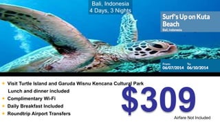  Visit Turtle Island and Garuda Wisnu Kencana Cultural Park 
$309 
Lunch and dinner included 
 Complimentary Wi-Fi 
 Daily Breakfast Included 
 Roundtrip Airport Transfers 
Airfare Not Included 
Bali, Indonesia 
4 Days, 3 Nights 
 