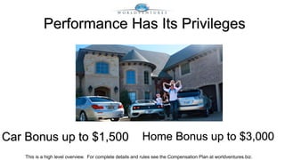 Performance Has Its Privileges 
Car Bonus up to $1,500 Home Bonus up to $3,000 
This is a high level overview. For complete details and rules see the Compensation Plan at worldventures.biz. 
 