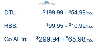 DTL: $199.99 + $54.99/mo. 
RBS: $99.95 + $10.99/mo. 
Go All In: $299.94 + 
$65.98/mo. 
 