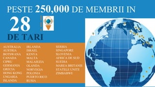 PESTE 250,000 DE MEMBRII IN
DE TARI
AUSTRALIA
AUSTRIA
BOTSWANA
CANADA
CIPRU
GERMANIA
GRECIA
HONG KONG
UNGARIA
ISLANDA
IRLANDA
ISRAEL
KENYA
MALTA
MALAIEZIA
OLANDA
NORVEGIA
POLONIA
PUERTO RICO
RUSIA
SERBIA
SINGAPORE
SLOVENIA
AFRICA DE SUD
SUEDIA
MAREA BRITANIE
STATELE UNITE
ZIMBABWE
 