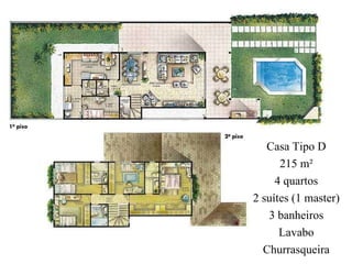 Casa Tipo D 215 m² 4 quartos 2 suítes (1 master) 3 banheiros Lavabo Churrasqueira 