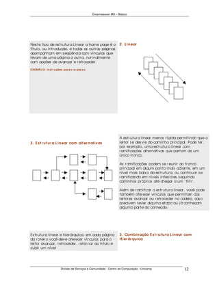 Dreamweaver MX – Básico




Nes te tipo de es tr utur a Linear a home page é o                   2 . L in ear
título, ou intr odução, e todas as outr as páginas
acompanham em s eqüência com vínculos que
levam de uma página a outr a, nor malmente
com opções de avançar e r etr oceder .

E XE MP L O: i n s t r u ções pas s o-a-pas s o.




                                                                     A es tr utur a linear menos r ígida per mitindo que o
3 . E s t r u t u r a L in ear com alt er n at ivas                  leitor s e des vie do caminho pr incipal. Pode ter ,
                                                                     por ex emplo, uma es tr utur a linear com
                                                                     r amificações alter nativas que par tam de um
                                                                     único tr onco.

                                                                     As r amificações podem s e r eunir ao tr onco
                                                                     pr incipal em algum ponto mais adiante, em um
                                                                     nível mais baix o da es tr utur a, ou continuar s e
                                                                     r amificando em níveis infer ior es s eguindo
                                                                     caminhos pr ópr ios até chegar a um " fim" .

                                                                     Além de r amificar a es tr utur a linear , você pode
                                                                     também ofer ecer vínculos que per mitam aos
                                                                     leitor es avançar ou r etr oceder na cadeia, cas o
                                                                     pr ecis em r ever alguma etapa ou j á conheçam
                                                                     alguma par te do conteúdo.




Es tr utur a linear e hier ár quica, em cada página                  3 . Com bin ação E s t r u t u r a L in ear com
do r oteir o você deve ofer ecer vínculos par a o                    H ier ár qu ica
leitor avançar , r etr oceder , r etor nar ao início e
s ubir um nível




                          Divisão de Serviços à Comunidade - Centro de Computação - Unicamp                    12
 