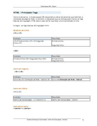 Dreamweaver MX – Básico




H T ML - P r in cipais T ags

Como j á dis s emos , o Dr eamweaver MX dis ponibiliz a vár ias fer r amentas que facilitam a
confecção de páginas Web, no entanto, é des ej ável que s e conheça pelo menos as tags
bás icas da linguagem HT ML par a o cas o de ter que faz er uma manutenção no s ite.

A s eguir , as tags bás icas da linguagem html:

Qu ebr as de L in h a
< P> < /P>


Ex emplo:                                                   Res ultado:
< P> Pr imeir a linha.< /P> < P> S egunda                   Pr imeir a linha.
linha.< /P>
                                                            S egunda linha.


< BR>


Ex emplo:                                                   Res ultado:
Pr imeir a linha.< B R> S egunda linha.< B R>               Pr imeir a linha.
                                                            S egunda linha.




t ex t o em n egr it o
 < B> < /B>


Ex emplo:                                                   Res ultado:
Cur s o de < B > Confecção de Web - bás ico< /B >           Cur s o de Cof ecção de W eb - bás ico




t ex t o em it álico

<I></I>


Ex emplo:                                                   Res ultado:
Centr o de Computação - < I > CCUEC< /I >                   Centr o de Computação - CCUEC



cen t r aliz ar t ex t o
< cen t er > < / cen t er >




                    Divisão de Serviços à Comunidade - Centro de Computação - Unicamp                6
 