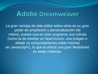 AdobeDreamweaverLa gran ventaja de este editor sobre otros es su gran poder de ampliación y personalización del mismo, puesto que en este programa, sus rutinas (como la de insertar un hipervínculo, una imagen o añadir un comportamiento) están hechas en Javascript-C, lo que le ofrece una gran flexibilidad en estas materias. 