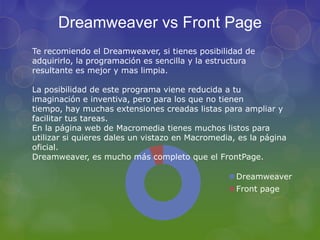 Dreamweaver vs Front PageTe recomiendo el Dreamweaver, si tienes posibilidad de adquirirlo, la programación es sencilla y la estructura resultante es mejor y mas limpia. La posibilidad de este programa viene reducida a tu imaginación e inventiva, pero para los que no tienen tiempo, hay muchas extensiones creadas listas para ampliar y facilitar tus tareas. En la página web de Macromedia tienes muchos listos para utilizar si quieres dales un vistazo en Macromedia, es la página oficial. Dreamweaver, es mucho más completo que el FrontPage.
