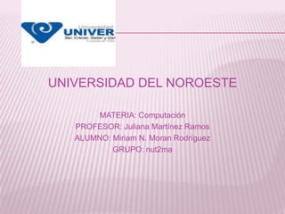 UNIVERSIDAD DEL NOROESTE MATERIA: Computación PROFESOR: Juliana Martínez Ramos ALUMNO: Miriam N. Moran Rodríguez GRUPO: nut2ma 