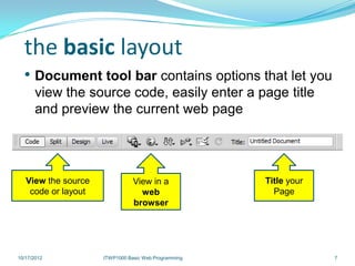 the basic layout
  • Document tool bar contains options that let you
      view the source code, easily enter a page title
      and preview the current web page




   View the source              View in a             Title your
    code or layout                web                   Page
                                browser




10/17/2012           ITWP1000 Basic Web Programming                7
 