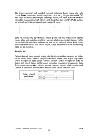 Pelatihan Pembuatan Website UK.Petra BPIP
22
Jika ingin memecah sel tersebut menjadi beberapa baris, maka klik radio
button Rows, kemudian masukkan jumlah baris yang diinginkan dan klik OK.
Jika ingin memecah sel menjadi beberapa kolom, klik radio button Columns,
kemudian masukkan jumlah kolom yang diinginkan dan klik OK. Pada gambar
ini, sebuah sel di kanan atas di-split menjadi 2 kolom :
Satu hal yang perlu diperhatikan adalah pada saat kita melakukan operasi
merge atau split, ada kemungkinan ukuran tabel akan menjadi kacau. Hal ini
dapat disebabkan karena sebuah sel kita pecah menjadi sel-sel kecil dalam
jumlah terlalu banyak. Bila hal ini terjadi, Anda dapat melakukan resize ulang
pada sel-sel tersebut.
Mengisi sel
Setelah bentuk tabel sesuai, maka kita dapat mengisikan sesuatu ke dalam
sel di dalam tabel. Sesuai dengan namanya, maka tabel dapat digunakan
untuk mengisikan data dalam bentuk tabular. Untuk mengisikan data ke
dalam sel, klik di dalam sel tersebut, kemudian mulailah memasukkan data.
Anda dapat memasukkan tulisan, gambar, bahkan sebuah tabel ke dalam sel.
Contoh di bawah ini menunjukkan sebuah tabel dalam keadaan terisi :
 