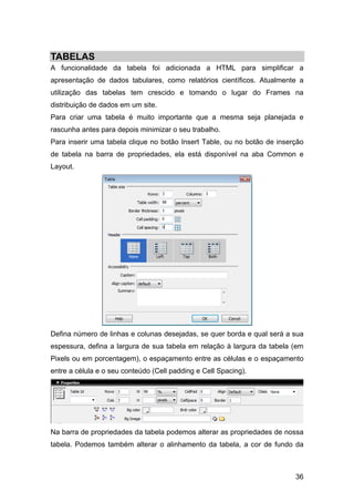 TABELAS
A funcionalidade da tabela foi adicionada a HTML para simplificar a
apresentação de dados tabulares, como relatórios científicos. Atualmente a
utilização das tabelas tem crescido e tomando o lugar do Frames na
distribuição de dados em um site.
Para criar uma tabela é muito importante que a mesma seja planejada e
rascunha antes para depois minimizar o seu trabalho.
Para inserir uma tabela clique no botão Insert Table, ou no botão de inserção
de tabela na barra de propriedades, ela está disponível na aba Common e
Layout.




Defina número de linhas e colunas desejadas, se quer borda e qual será a sua
espessura, defina a largura de sua tabela em relação à largura da tabela (em
Pixels ou em porcentagem), o espaçamento entre as células e o espaçamento
entre a célula e o seu conteúdo (Cell padding e Cell Spacing).




Na barra de propriedades da tabela podemos alterar as propriedades de nossa
tabela. Podemos também alterar o alinhamento da tabela, a cor de fundo da



                                                                          36
 
