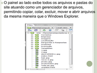 O painel ao lado exibe todos os arquivos e pastas do site atuando como um gerenciador de arquivos, permitindo copiar, colar, excluir, mover e abrir arquivos da mesma maneira que o Windows Explorer. 