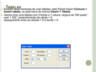 Tabelas Existem duas maneiras de criar tabelas: pelo Painel Inserir Comuns > Inserir tabela, oupela barra de menus Inserir > Tabela.Vamos criar uma tabela com 3 linhas e 1 coluna, largura de 760 pixels ” usei 1.100,” preenchimento da célula = 0,espaçamento entre as células = 0 e borda = 0.