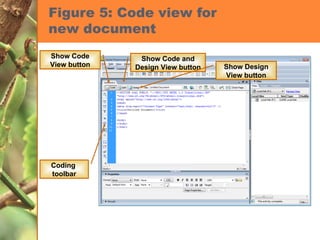 Figure 5: Code view for  new document Show Code View button Show Code and Design View button Show Design View button Coding  toolbar 