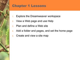 Chapter 1 Lessons Explore the Dreamweaver workspace View a Web page and use Help Plan and define a Web site Add a folder and pages, and set the home page Create and view a site map 