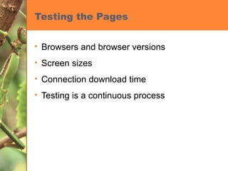 Testing the Pages Browsers and browser versions Screen sizes Connection download time Testing is a continuous process 